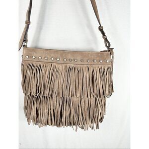 Michael Kors Billy Fringe Boho Crossbody Bag Taupe Suede Studded Western Style